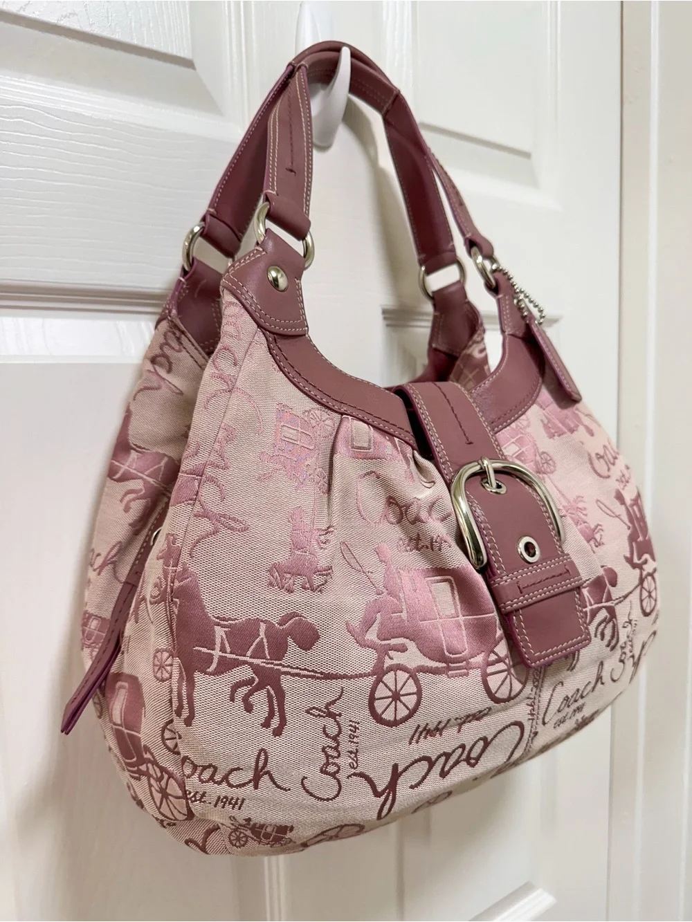 Coach Soho Lyn Horse & Carriage Pink Jacquard & Leather Trim Large Hobo Y2K